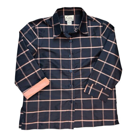 Linea Shirt Women S Small Blue Plaid Button Up Silk 3/4 Sleeve Collared Casual - Picture 1 of 7